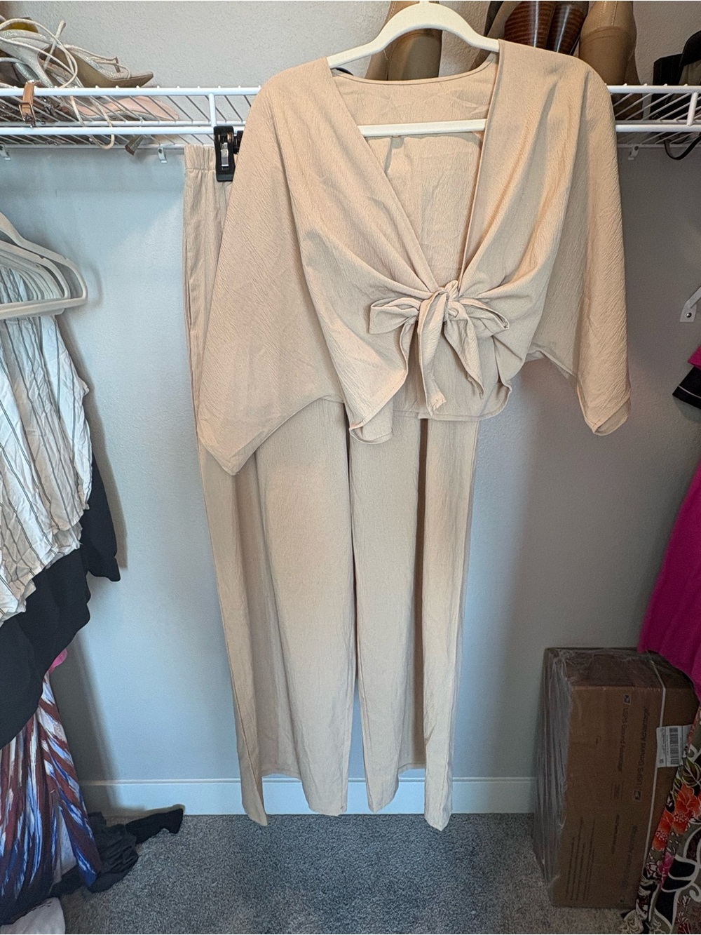 Women's Wide Leg and tie front pant set Beige